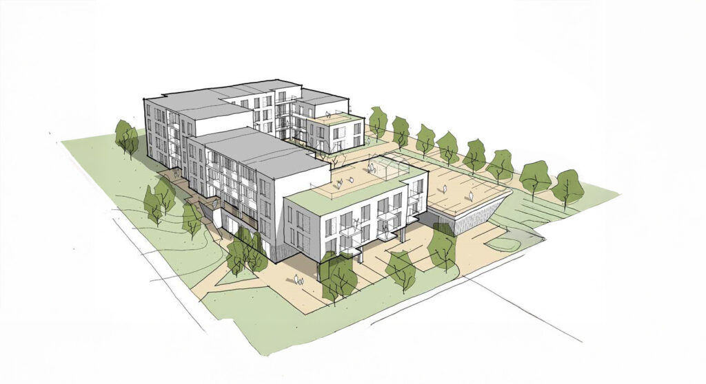 Billedet viser en rendering af boligerne hvor 3F lå